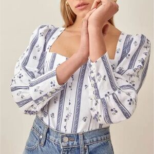 Reformation White and Blue Floral Blouse